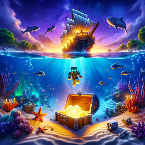 DALL·E 2024-03-14 21.20.17 - A vibrant, engaging scene depicting the journey of finding the Heart of the Sea in Minecraft. The image showcases a player in Minecraft-style armor di.