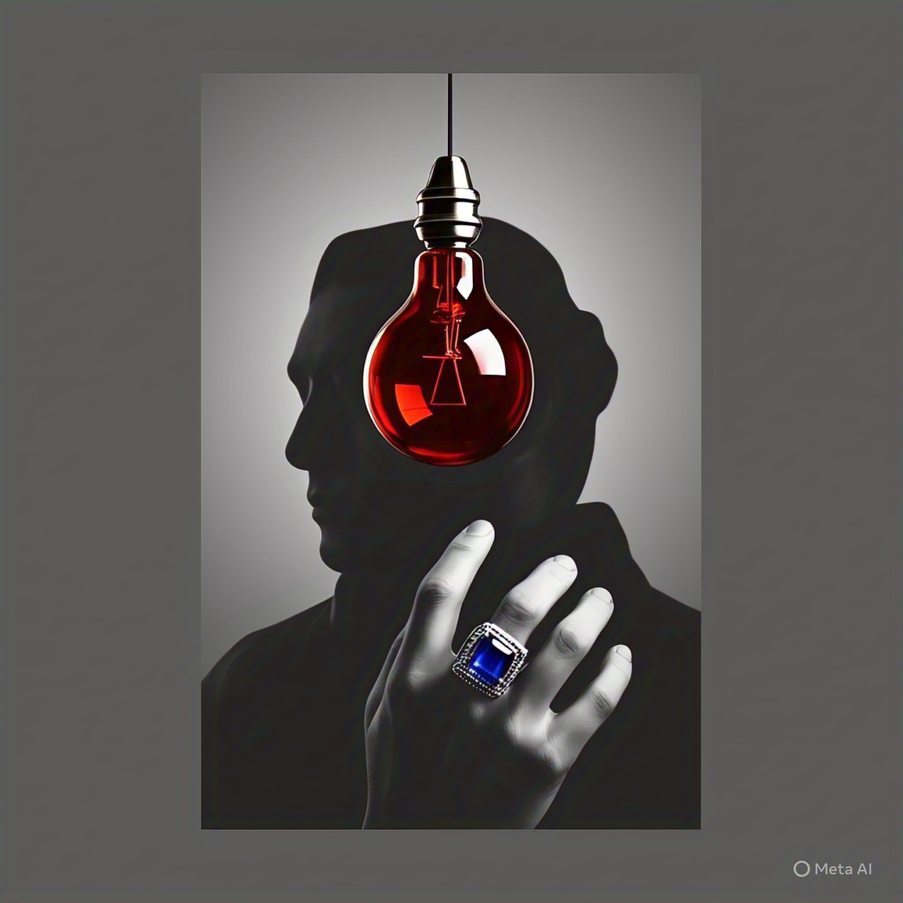 A silhouetted figure is partially illuminated by a hanging red light bulb, with a prominent blue ring on their hand.