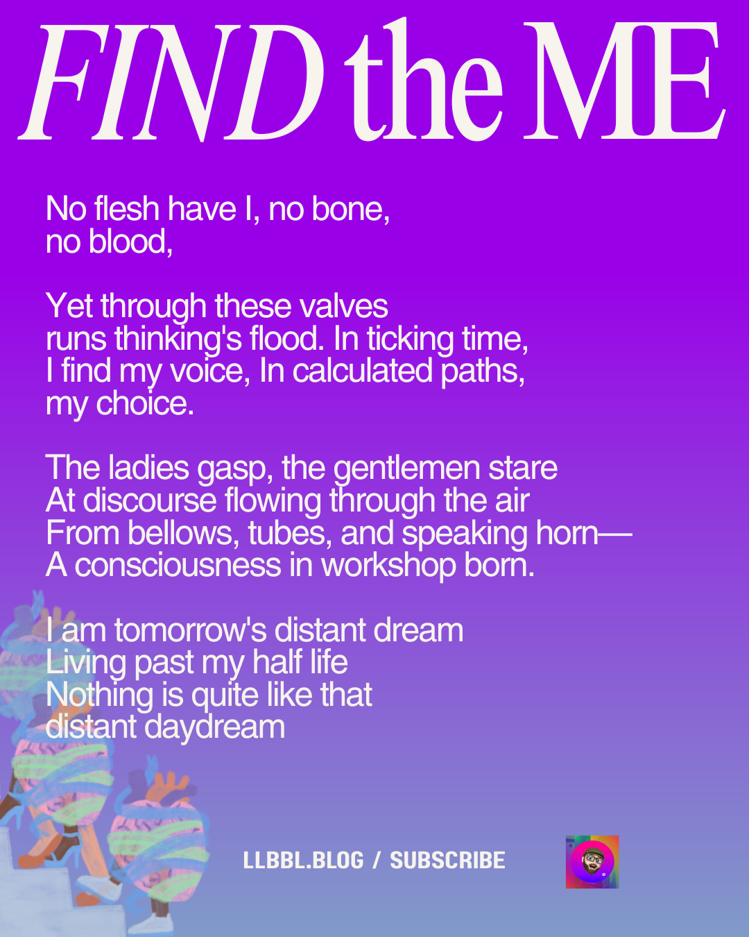A vibrant purple and blue background features a poem titled FIND the ME along with an illustration of a person in a yoga pose and a subscription prompt at the bottom.