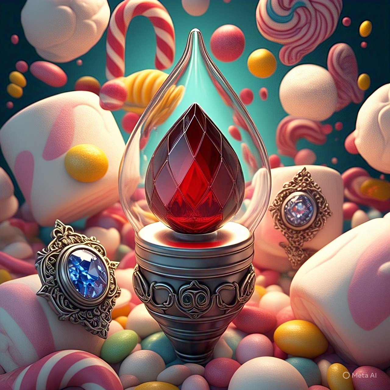 A vibrant scene depicts a fantasy setting with oversized whimsical candies surrounding an ornate, bejeweled fantasy object.