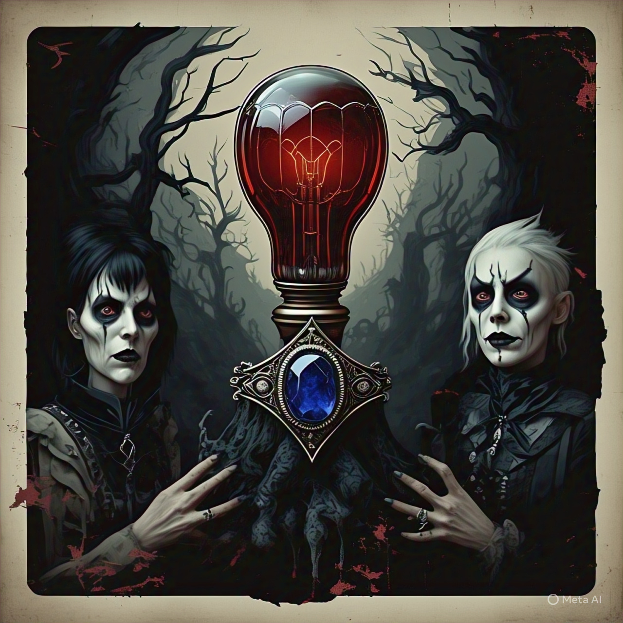 Two gothic-style figures with eerie appearances stand beside a large, ornate red lightbulb with a blue gemstone at its base, set against a shadowy forest backdrop.
