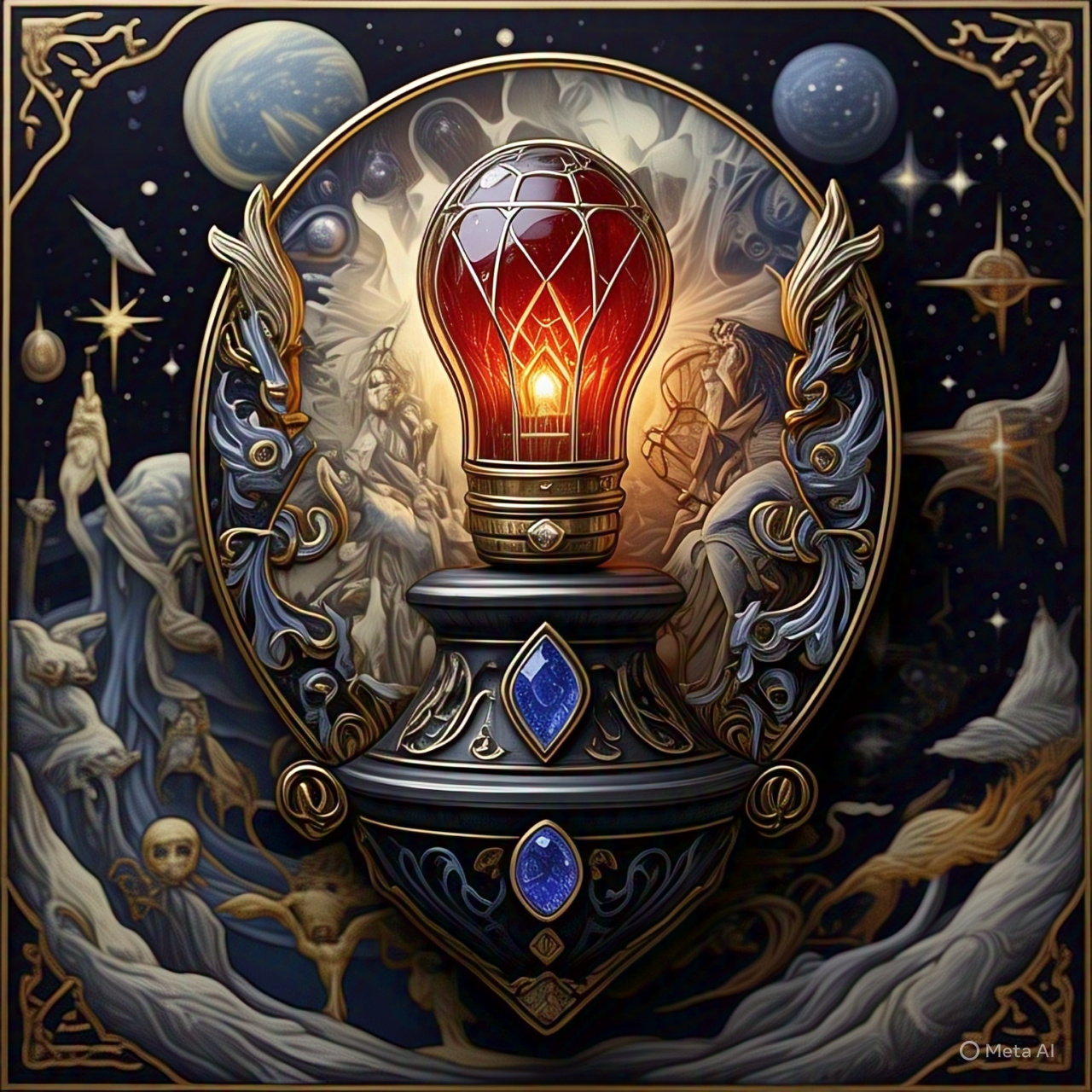 A glowing, intricate light bulb is surrounded by mystical, celestial figures and ornate decorations against a starry background.